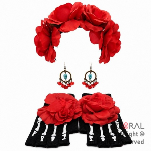 SET DISFRAZ CATRINA VINCHA AROS Y GUANTES